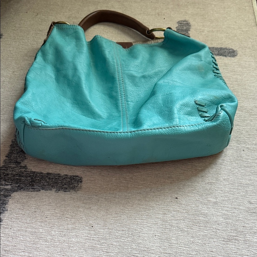 Lucky Brand Turquoise Leather Tote with Brown Handles - Picture 4 of 16